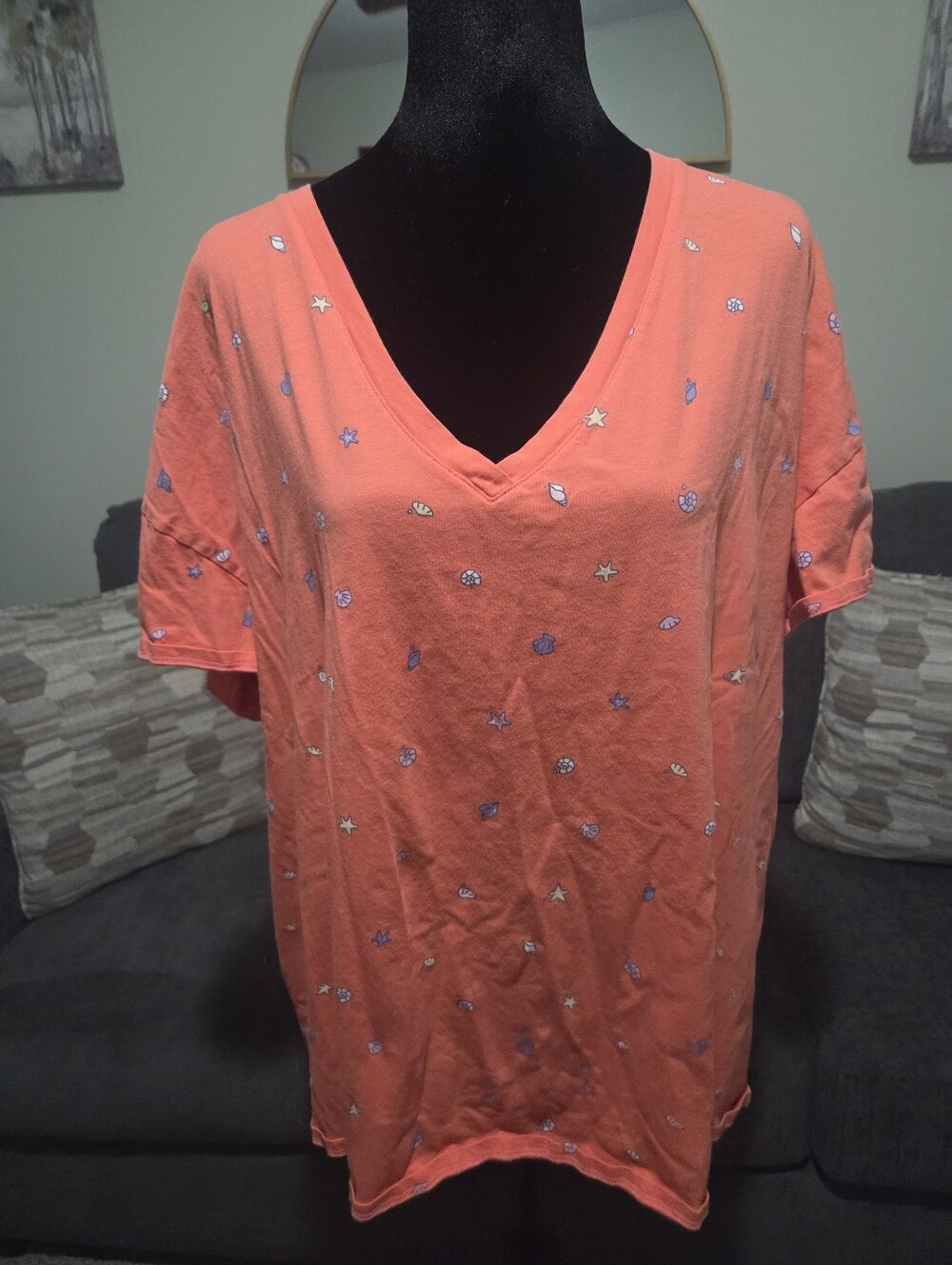 Life Is Good Coral V-Neck Short Sleeve Tee with Tiny Shell & Star Motifs